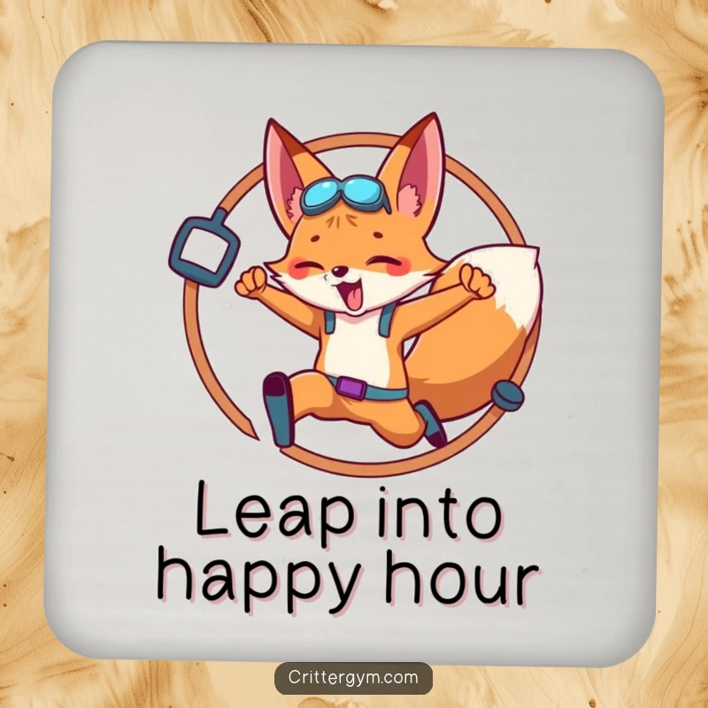 Funny Fox Coaster: An energetic fox leaps through a hoop adorned with gym equipment, adding a humorous touch to drinks.