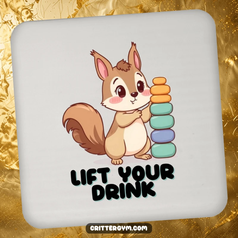 Funny drink coaster with a curious squirrel character surprised by its attempt to lift a huge stack of small weights. Protects furniture.