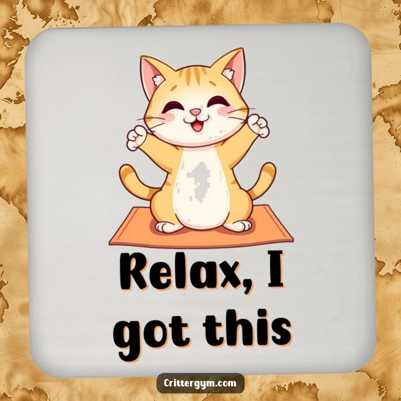 Funny drink coasters showcasing a cheerful cat character stretching playfully on a yoga mat, adding humorous protection to surfaces.