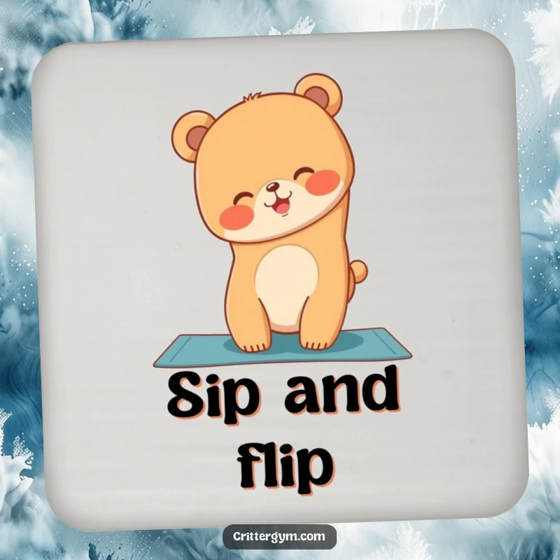 Funny drink coaster with a giggling bear cub attempting a yoga handstand on a mat, protecting surfaces.