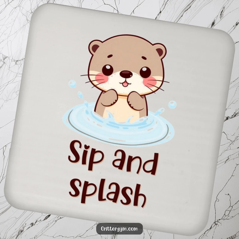 Funny Kawaii otter character splashing water in a small wading pool, a humorous and protective drink coaster.