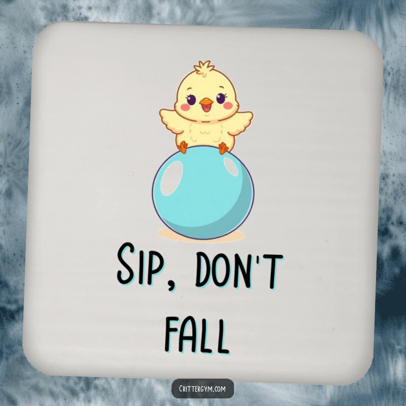 Funny small fluffy chick character wobbling with delight on a yoga ball, printed on protective drink coasters, a lovely funny gift.