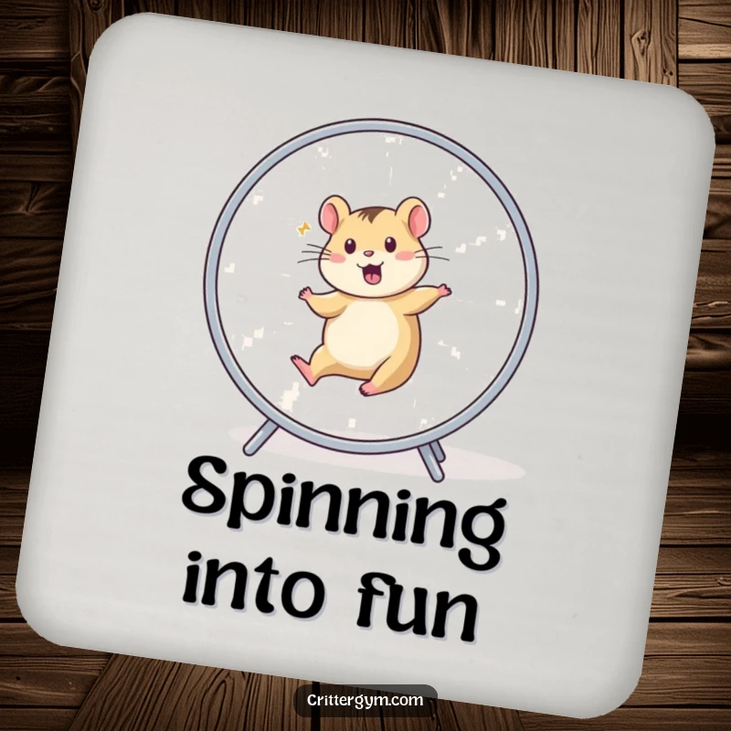 Funny Drink Coaster: A small animal character in a blur of motion, running on a hamster wheel.