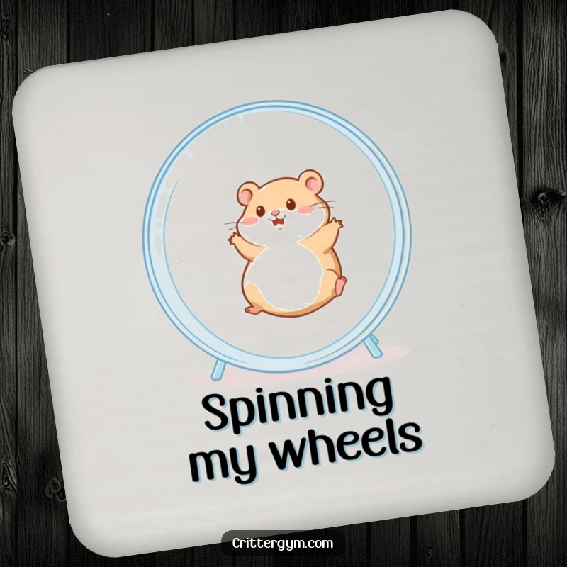 Funny drink coaster featuring a chubby hamster energetically rolling in a clear hamster wheel, a humorous addition to any table.