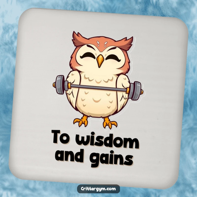 Funny drink coaster showcasing an overjoyed owl balancing a tiny barbell on its beak, ideal for any table.