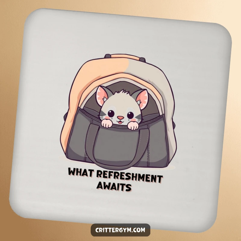 Funny curious critter gym bag coaster with a small animal cautiously peeking into a large gym bag, protecting surfaces with humor.