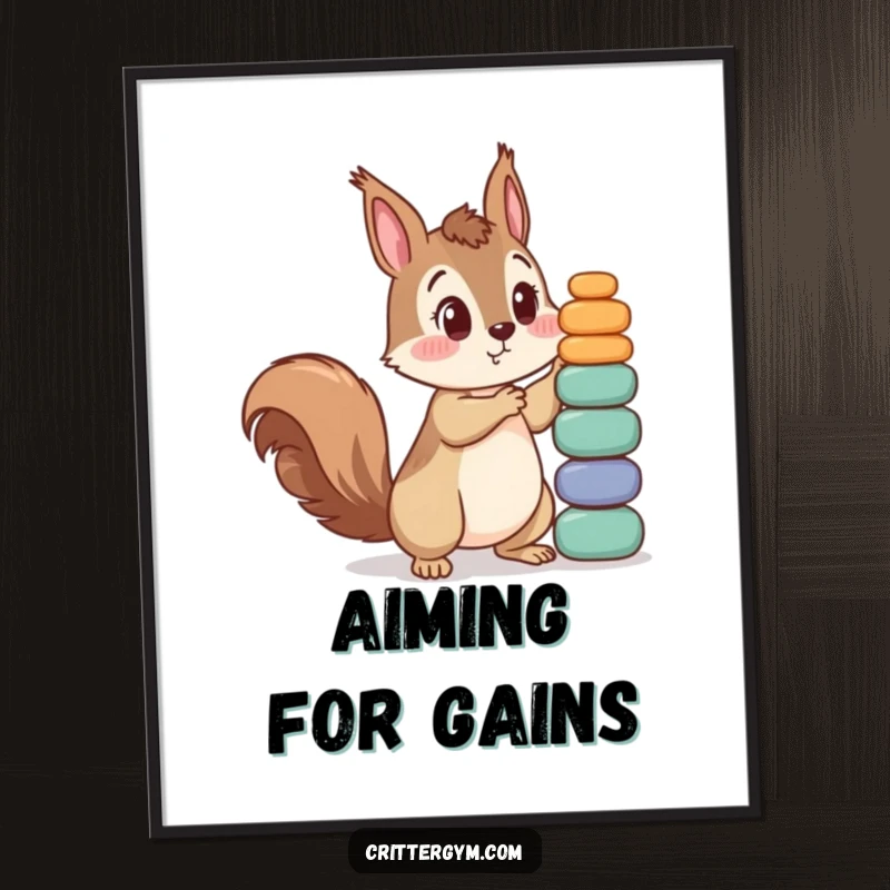 Funny poster art of a curious squirrel looking surprised while attempting to lift an impossibly large stack of small weights.
