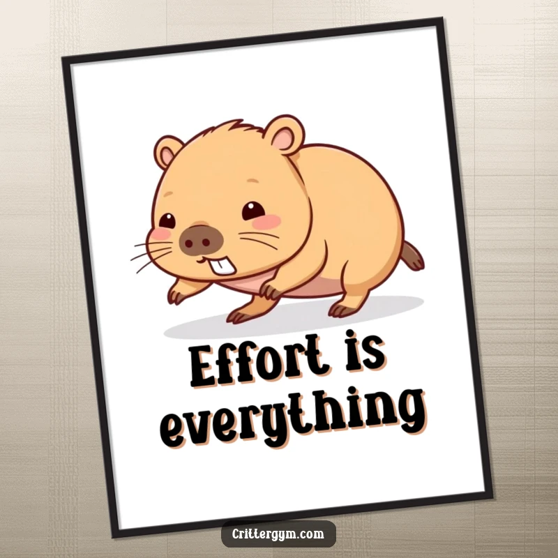 Funny kawaii capybara character straining during a push-up, displayed as an inspiring poster, a great funny gift.