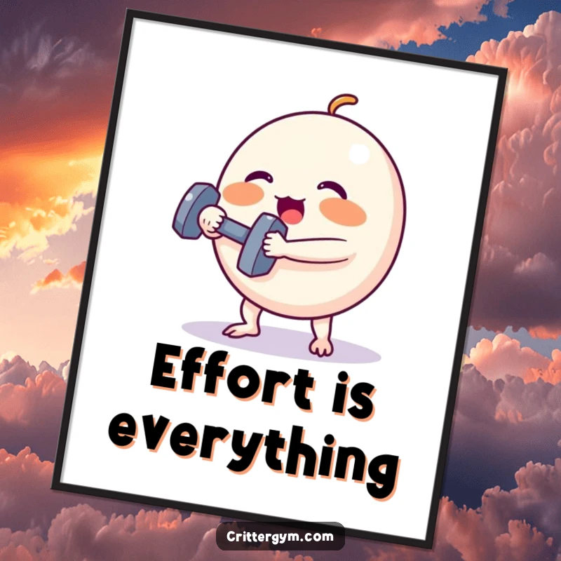 Funny Poster: A small, round creature with rosy cheeks lifts a tiny dumbbell, hilariously depicting an intense workout.