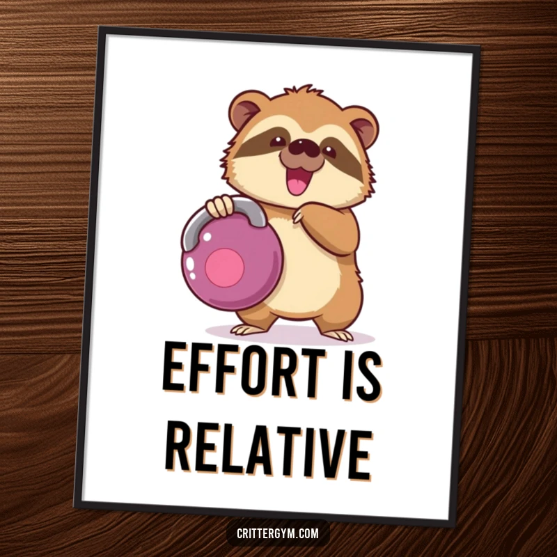 Funny kawaii sloth character struggling with a giant kettlebell, displayed as an inspiring poster, a great funny gift.