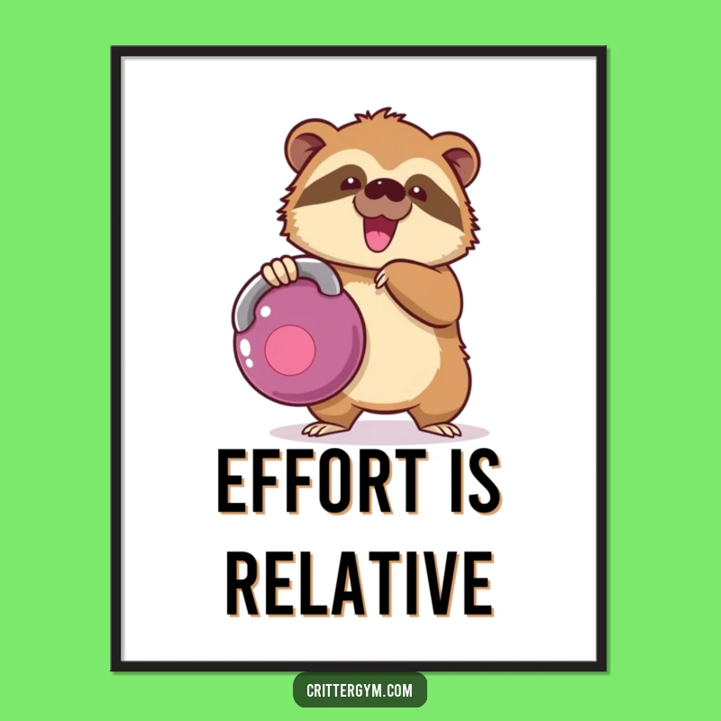 Motivational Funny Kawaii Sloth Kettlebell Poster, Inspiring Effort Wall Art