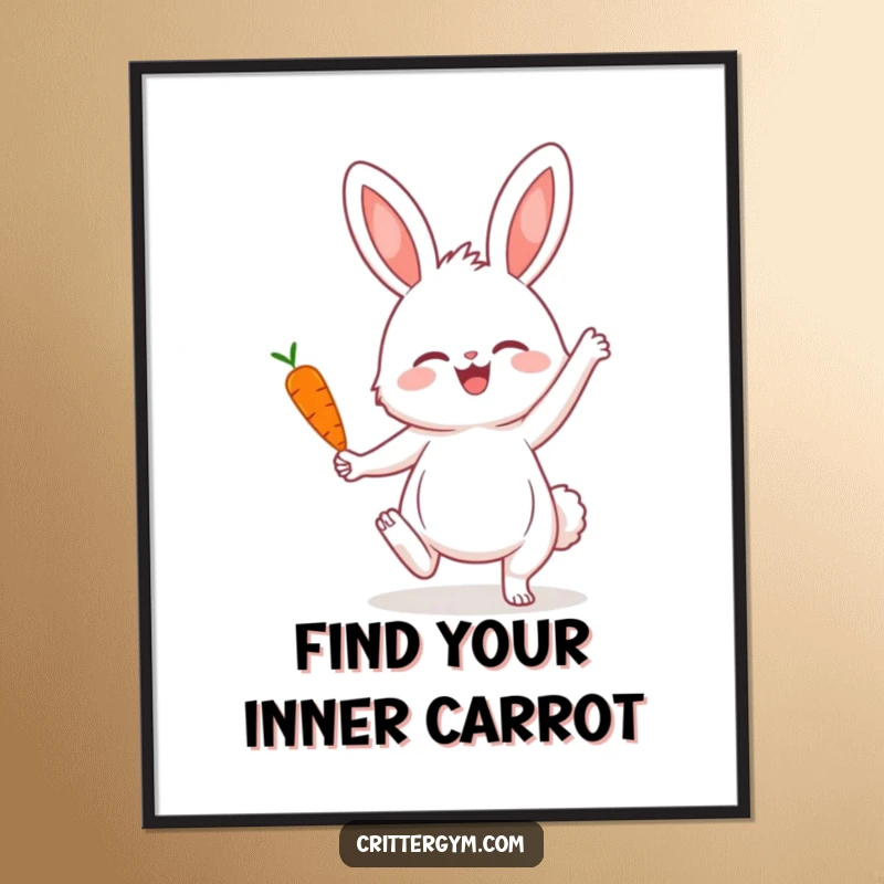 Funny poster art of a fluffy bunny demonstrating a yoga pose while balancing a miniature carrot, ideal for a humorous and inspiring wall display.