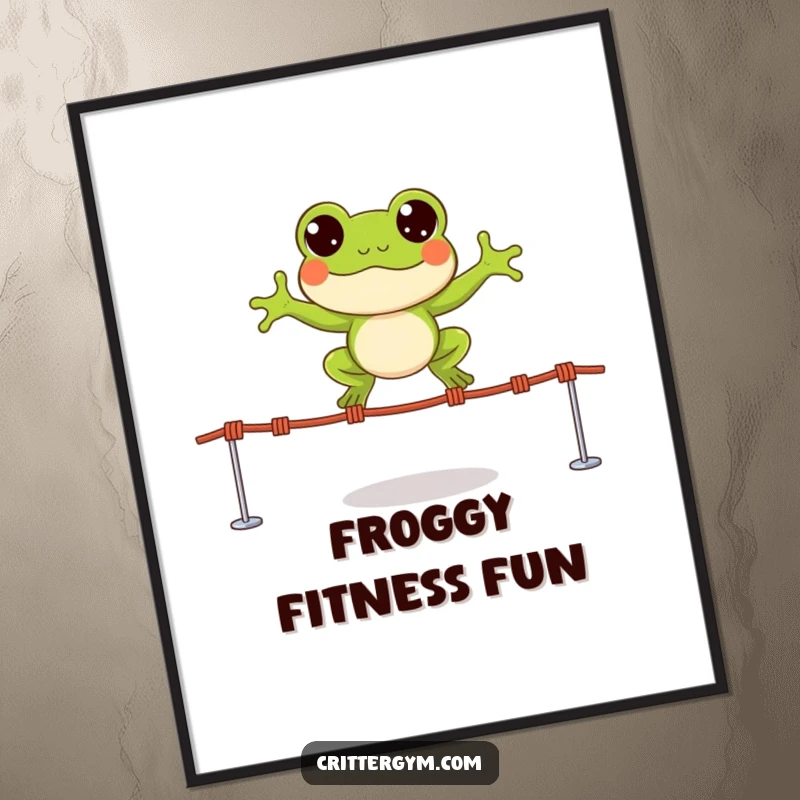 Funny poster art of a small, happy frog character leaping over tiny jump ropes with wide, excited eyes, full of life.