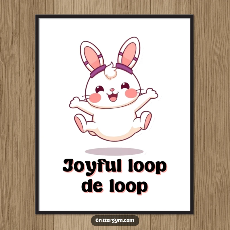 Funny cheerful round bunny character in sweatbands, performing a cartwheel with a big smile, on a vibrant wall poster.
