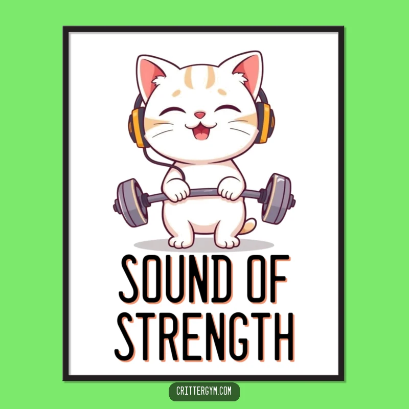 Funny Cat Headphones Lifting Poster: Giggling Fitness Character Art