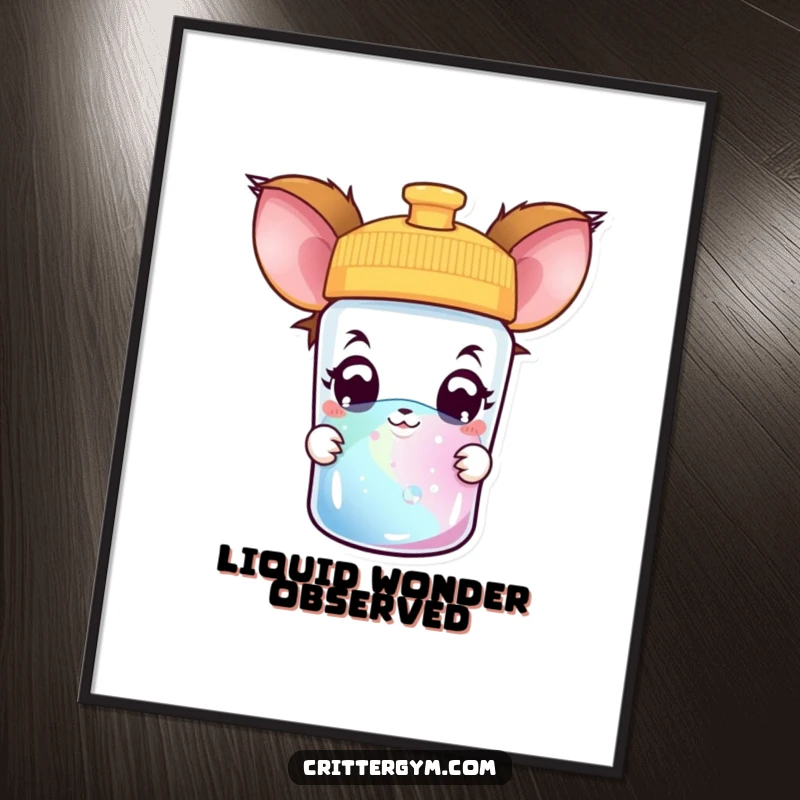 Funny creature poster featuring a curious creature with wide, amazed eyes peeking into a colorful water bottle, inspiring curiosity.