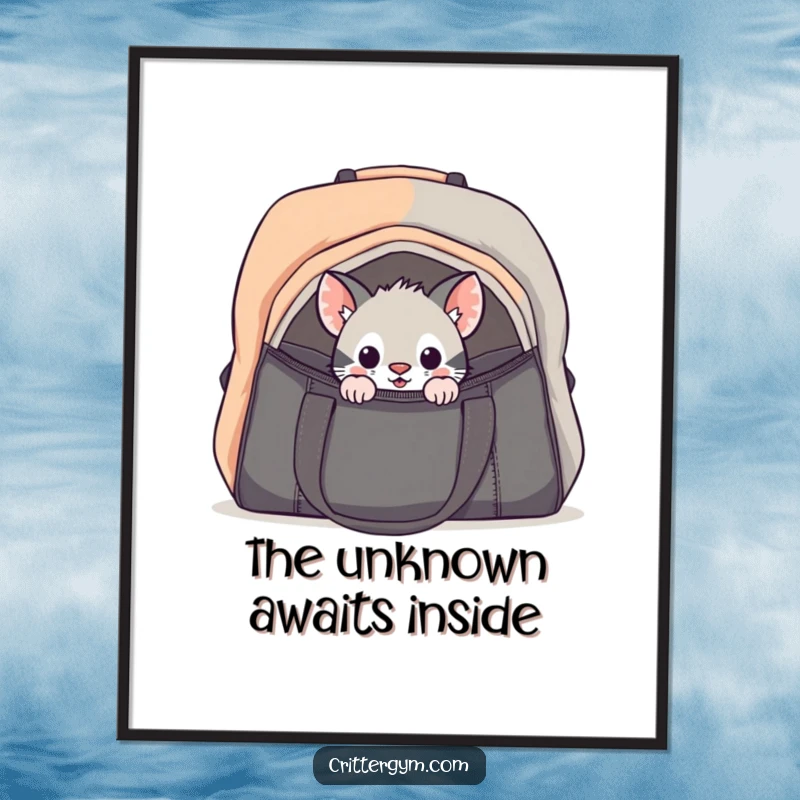 Funny curious critter gym bag poster showing a small animal cautiously peeking into a large gym bag, radiating wonder and lighthearted mischief.