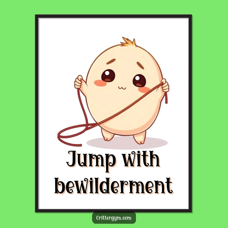 Funny Exercise Poster: Bewildered Creature Jump Rope Art, Whimsical Decor Gift