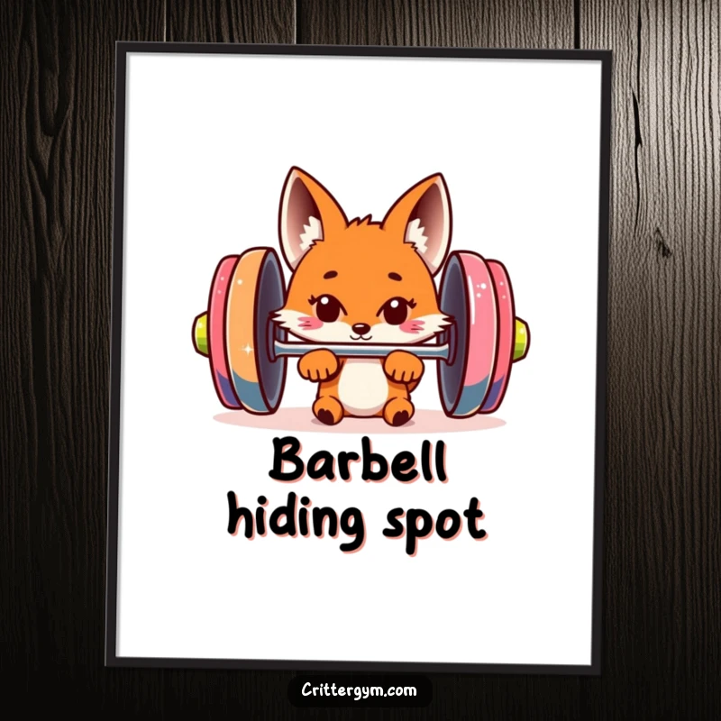 Funny fox poster showcasing a curious fox peeking from behind a giant, colorful barbell, perfect for adding witty fitness decor.