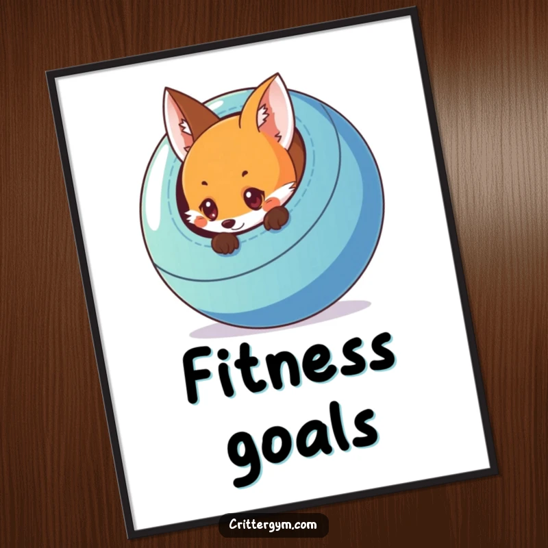 Funny poster print of a curious fox peeking from behind a large, colorful exercise ball, whimsical and humorous wall art.