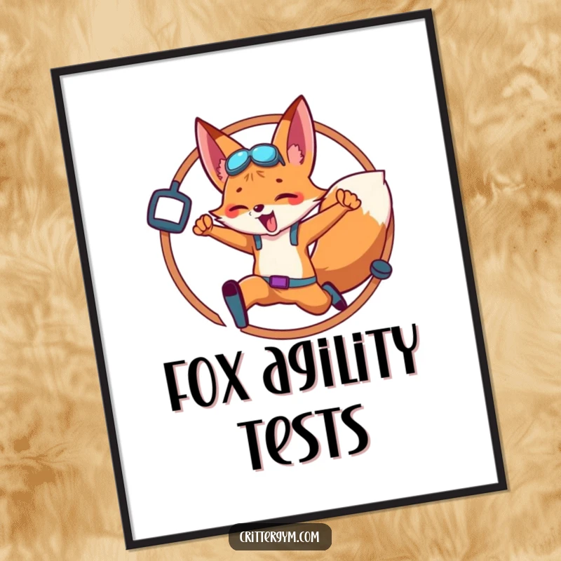 Funny Fox Poster: An agile fox mid-air leaping through a hoop decorated with gym equipment, symbolizing energetic fitness.