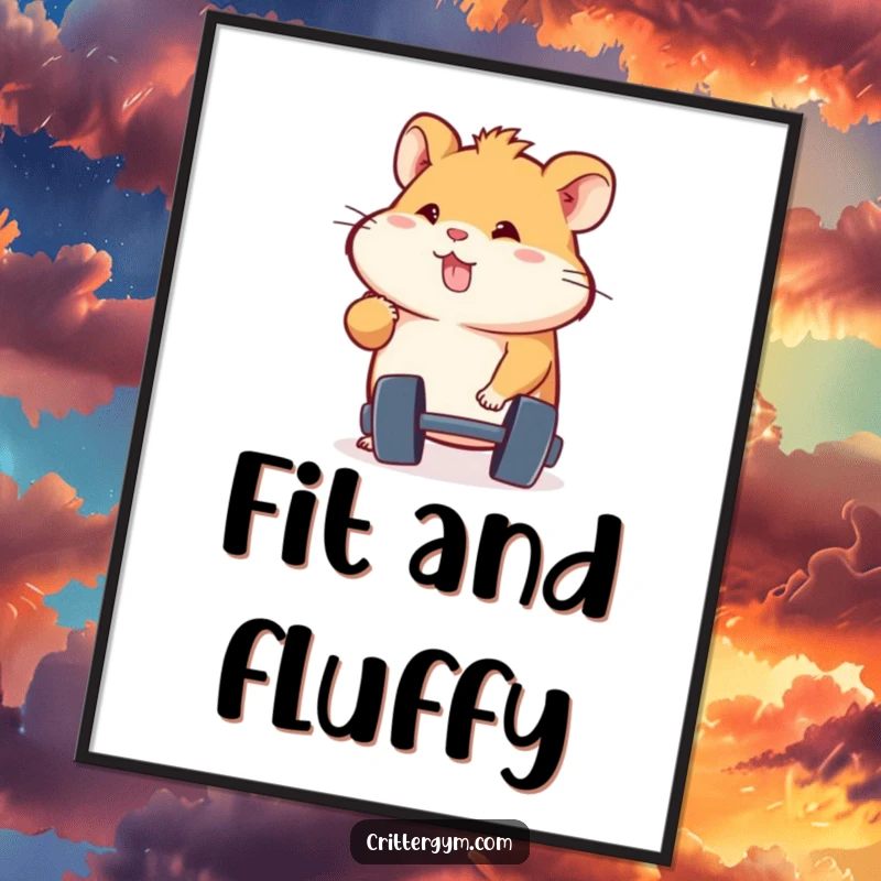 Funny tiny energetic hamster character with a determined expression, lifting a miniature dumbbell, on a vibrant wall poster.