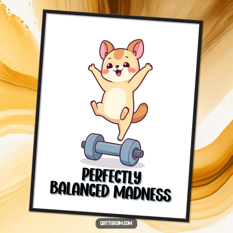 Funny handstand animal poster showing a small creature performing a handstand on a tiny dumbbell, bringing a dose of quirky fitness humor.