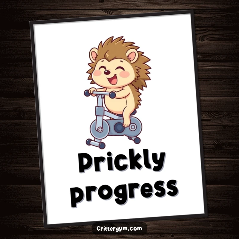 Funny hedgehog poster capturing a joyful hedgehog bouncing vigorously on a miniature exercise bike, radiating speed and happiness.