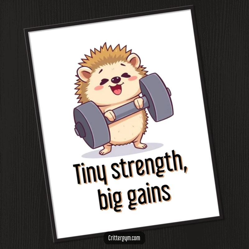Funny determined hedgehog poster lifting an enormous dumbbell with a strained but happy expression, ideal for motivating gym decor.