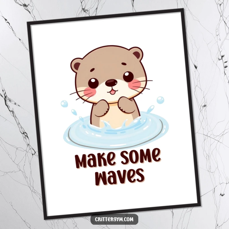 Funny Kawaii otter character playfully splashing water in a small pool, humorous wall art for posters.