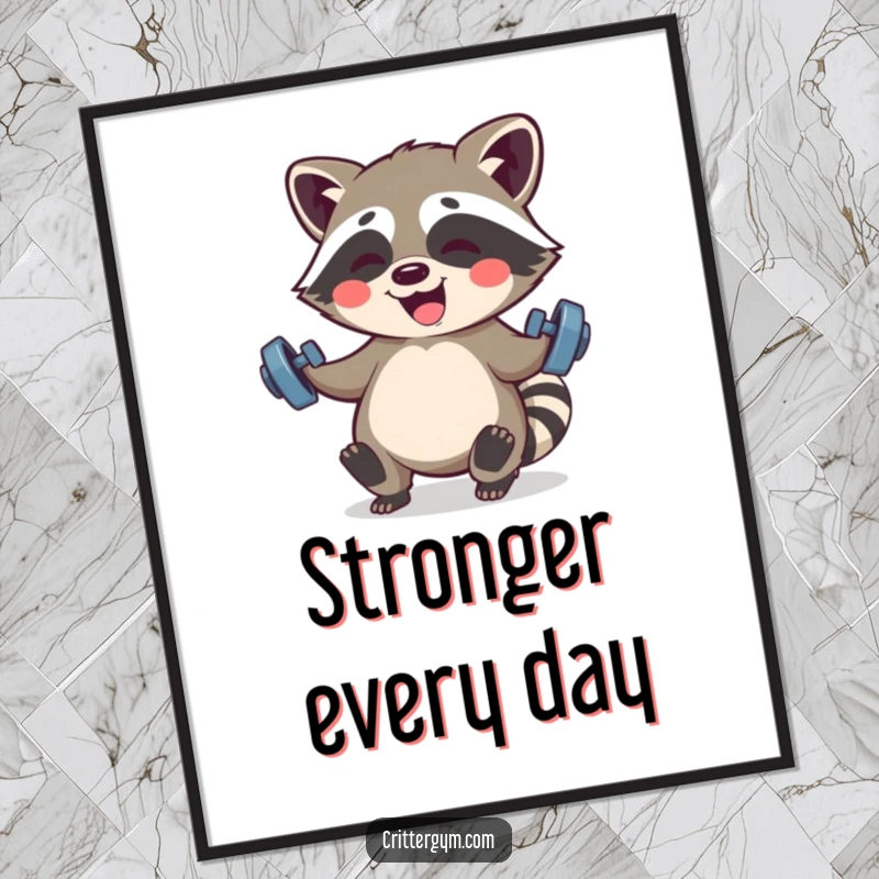Funny Kawaii raccoon character giggling while lifting small barbells, creating a humorous and inspiring poster.