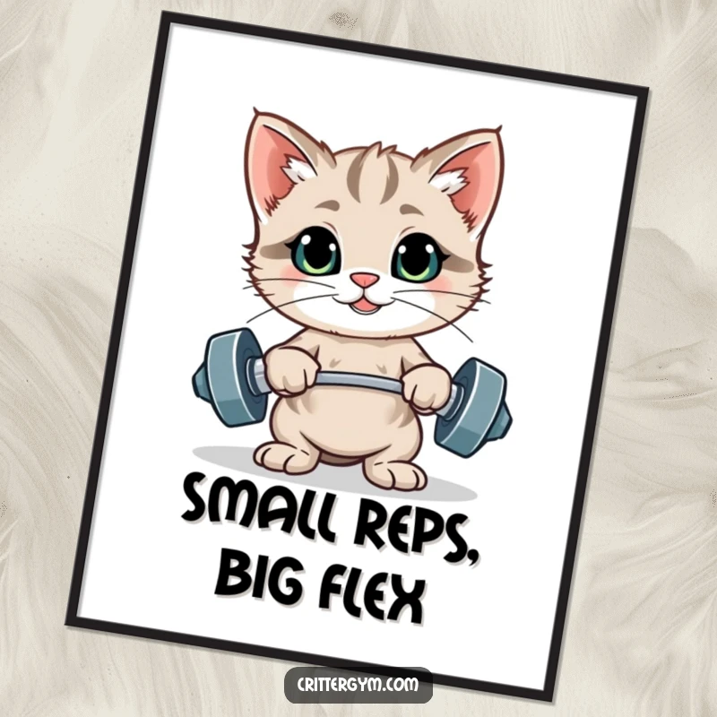 Funny poster of a proud kitten striking a pose with tiny weights, conveying a humorous sense of accomplishment and fitness.
