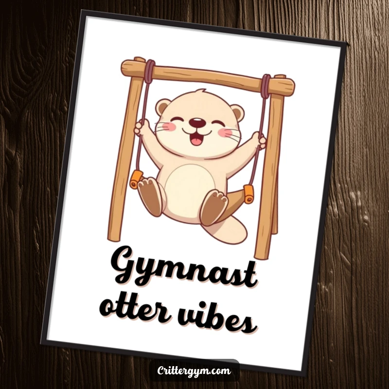 Funny poster art of a playful otter character swinging gleefully on a miniature monkey bar, radiating happiness and fun.