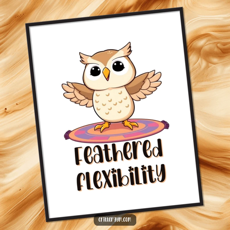 Funny owl poster capturing a cheerful owl in a full split on a vibrant mat, radiating confidence and a bit of wobbliness.