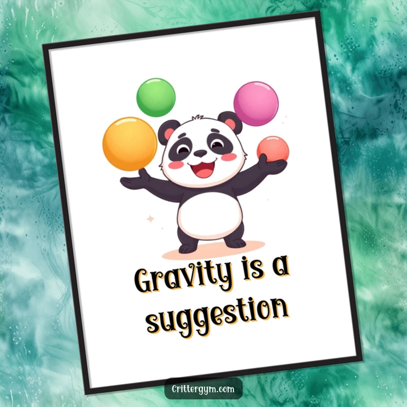 Funny poster showcasing a cheerful panda bear gleefully juggling oversized yoga balls, a comical and energetic illustration.