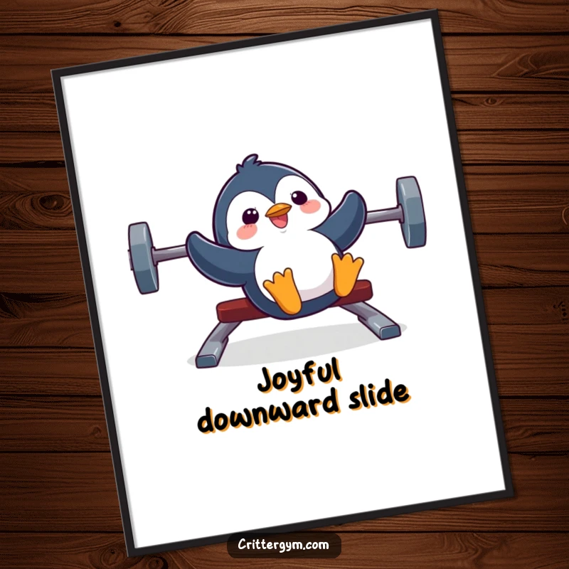 Funny poster of a silly penguin gleefully sliding down a weight bench, capturing a moment of extreme joy.