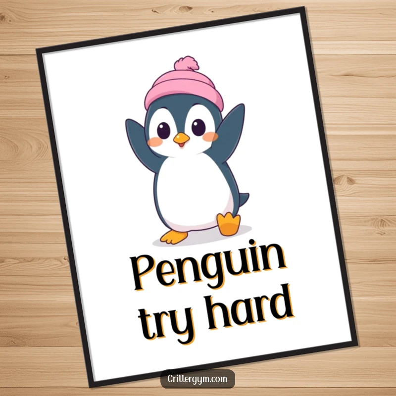 Funny poster art of a silly penguin character attempting a handstand with surprised concentration, capturing a moment of effort.