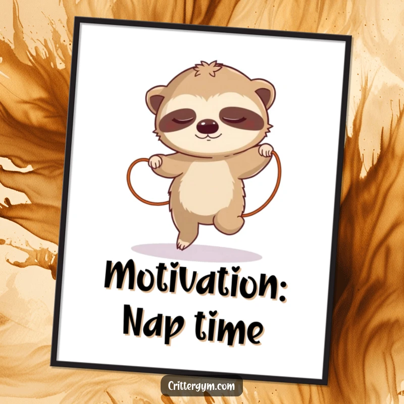 Funny sloth poster, illustrating a sleepy sloth's slow-motion jump rope attempt, adding humor to wall decor.