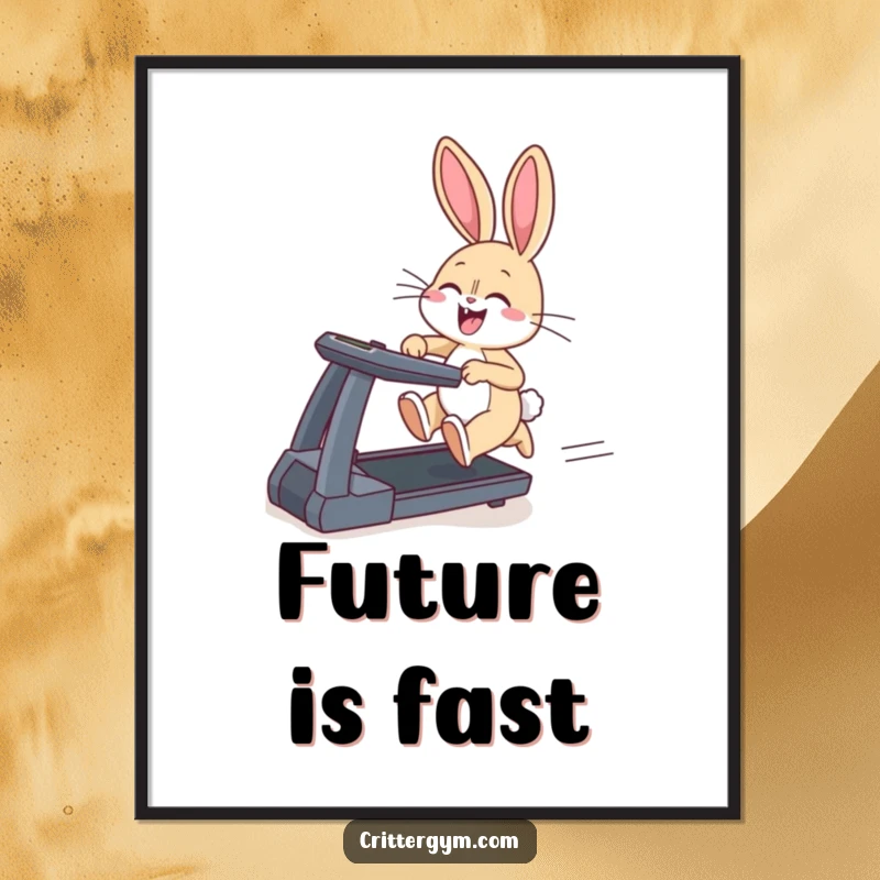 Funny poster of a giggling bunny sprinting on a treadmill with ears flapping, a humorous and dynamic illustration.