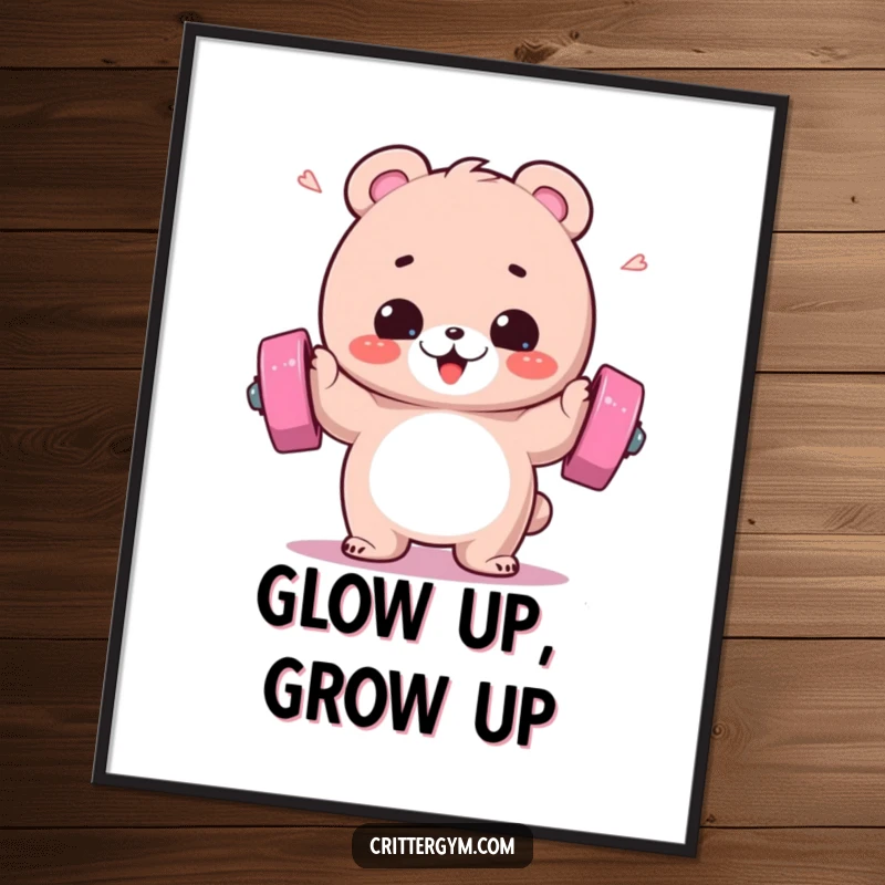 Funny poster of a fluffy bear gleefully lifting a barbell with sweat droplets flying, embodying strength and humor.