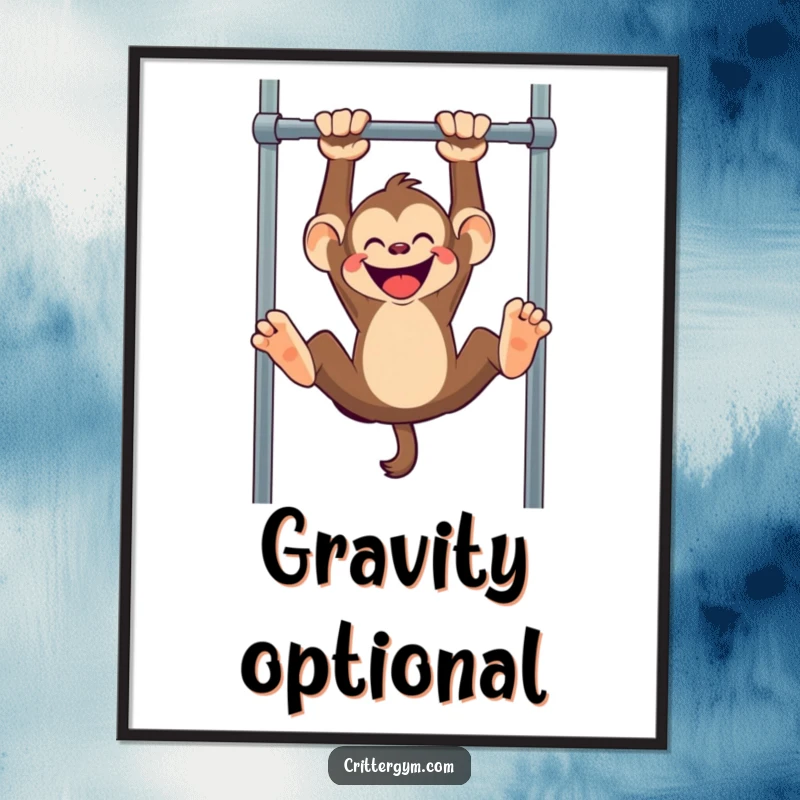 Funny monkey poster, a mischievous monkey gleefully hanging upside down from a pull-up bar, playful wall art.