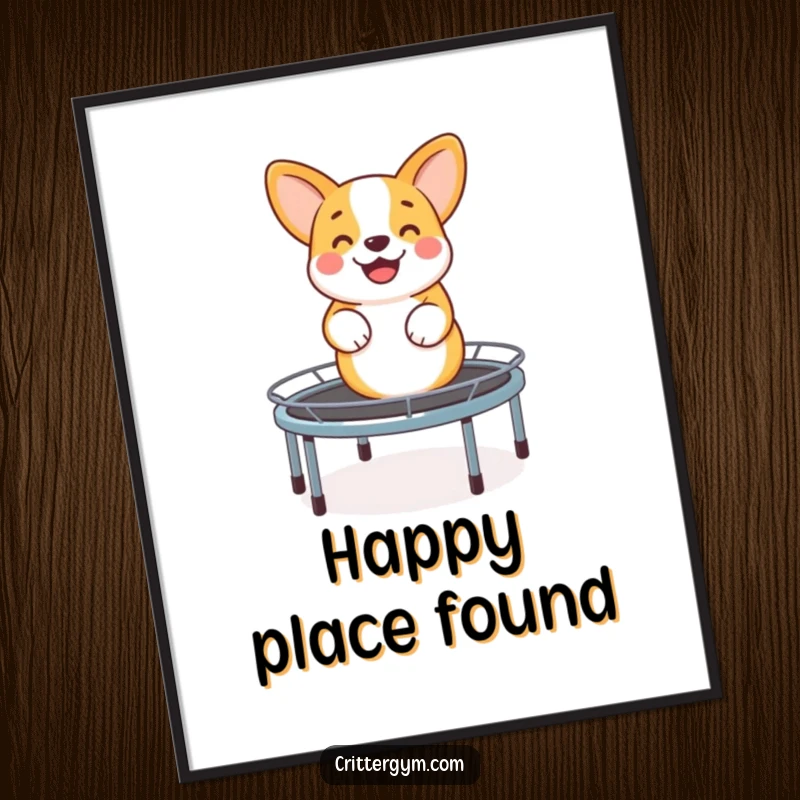 Funny poster showcasing a joyful corgi happily bouncing on a miniature trampoline, creating a whimsical and entertaining piece of wall art.