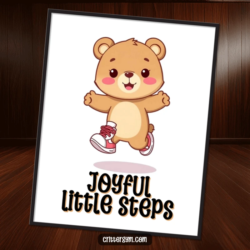 Funny poster art of a happy bear cub character wearing sneakers and performing a playful hop. Charming and cheerful decor.