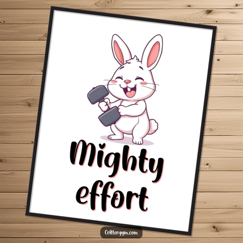 Funny rabbit gym poster depicting a smiling rabbit character comically failing to lift a tiny dumbbell, adding humorous decor.