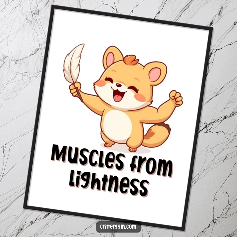 Funny Poster: A small animal character joyfully flexes a tiny, muscular arm after lifting a feather, depicting humorous strength.