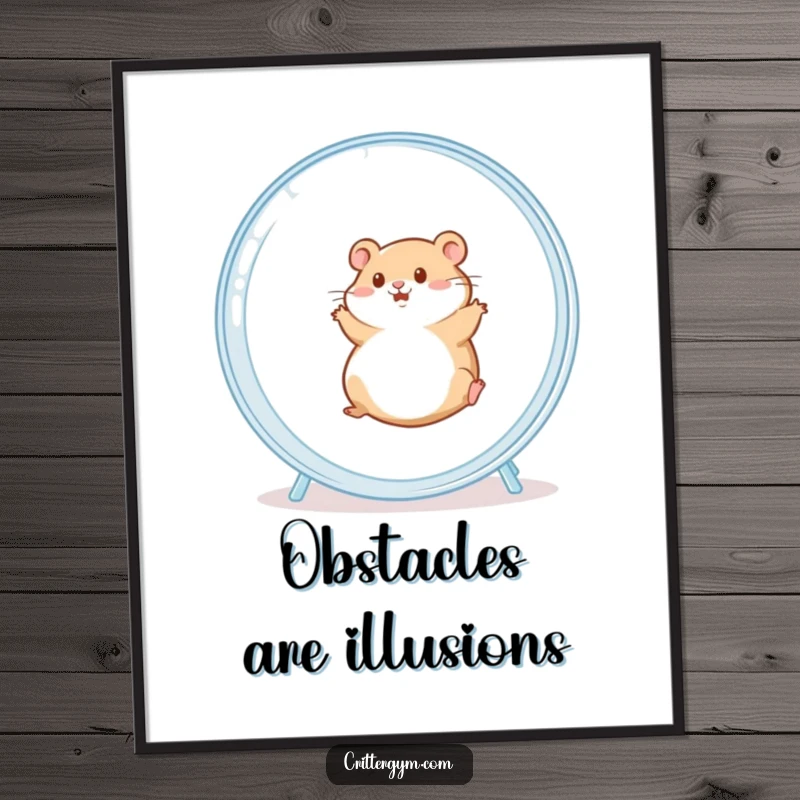 Funny poster featuring a chubby hamster energetically rolling in a large clear hamster wheel, capturing an amusing and dynamic scene.