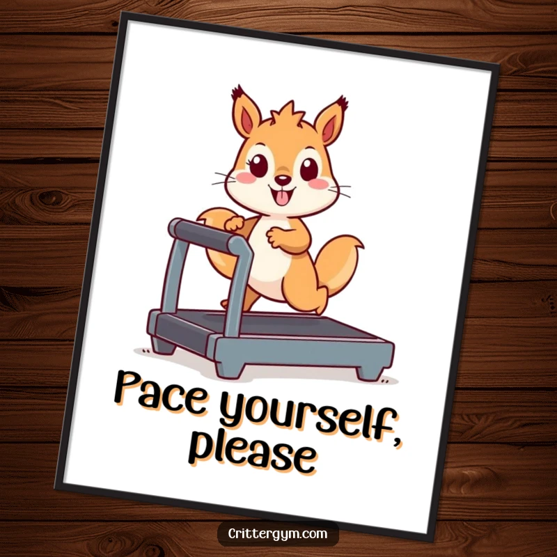 Funny Kawaii squirrel character running vigorously on a tiny treadmill, humorous motivational wall art for posters.