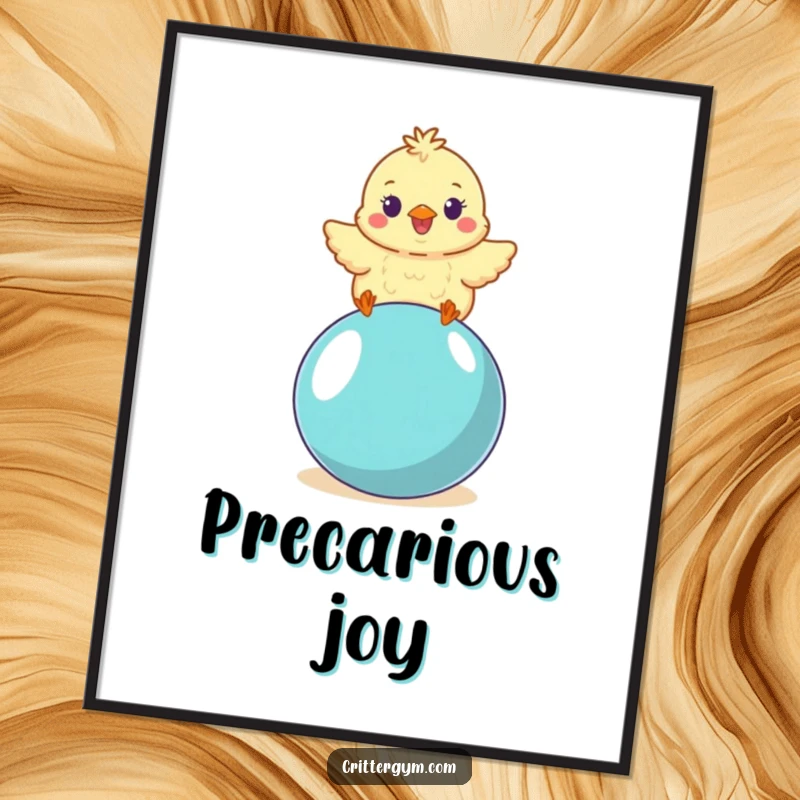 Funny small fluffy chick character wobbling with delight while balancing on a yoga ball, on a vibrant wall poster.