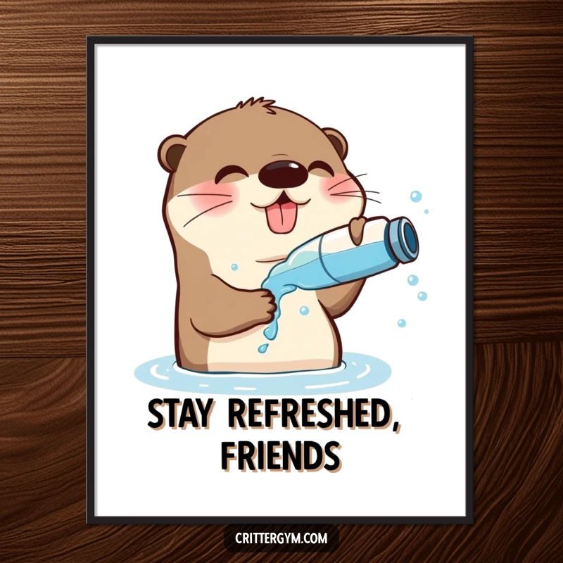 Funny Playful Otter Poster: A happy otter splashes water on its face, creating a cheerful piece of art.