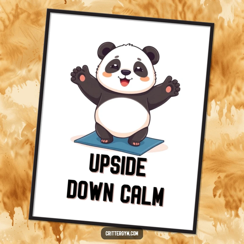 Funny chubby panda poster, happily doing a headstand on a yoga mat, serene wall art, humorous funny gift.